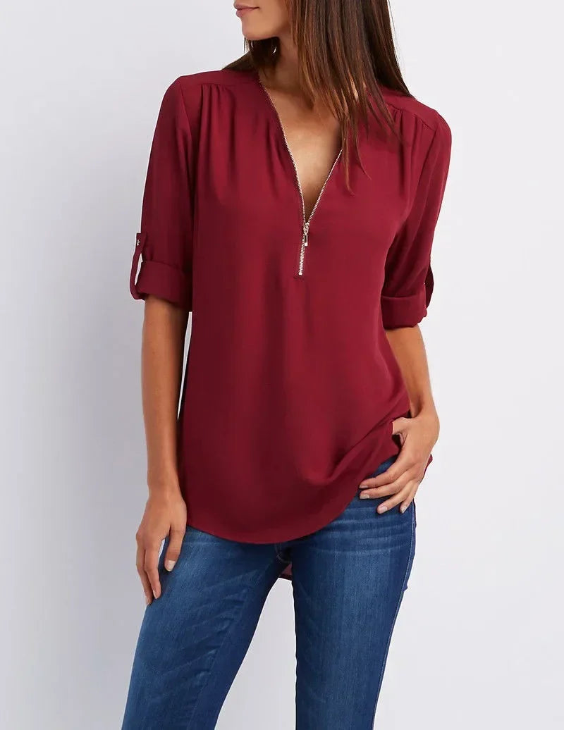 Fiore - Elegante Stretch Blouse met V-Hals en Ritssluiting