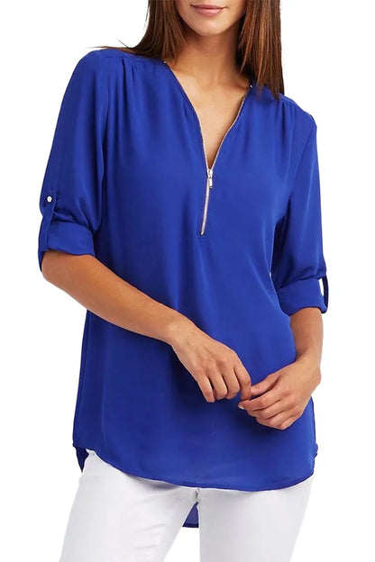 Fiore - Elegante Stretch Blouse met V-Hals en Ritssluiting