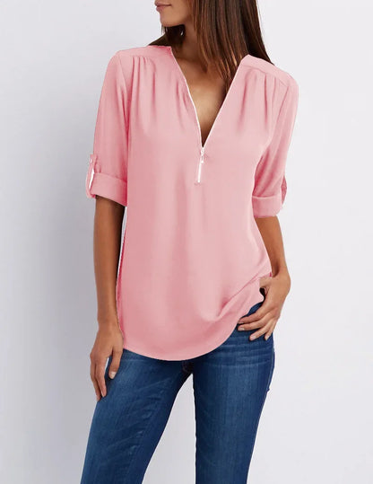 Fiore - Elegante Stretch Blouse met V-Hals en Ritssluiting