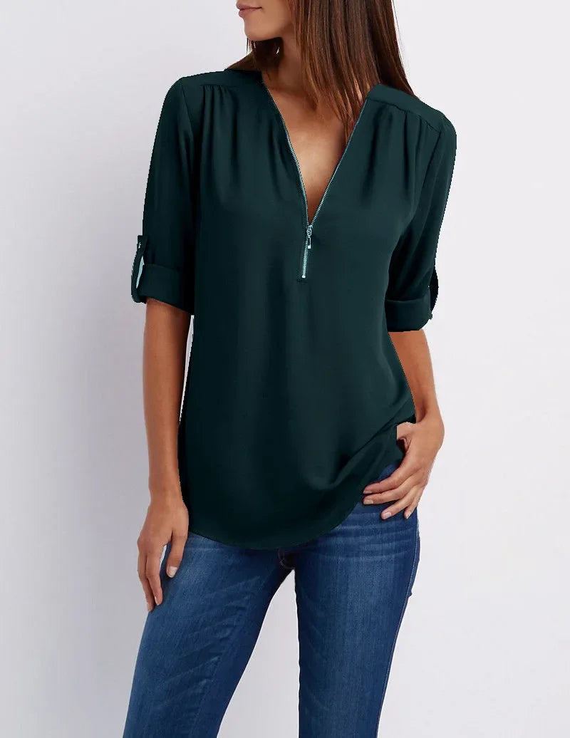 Fiore - Elegante Stretch Blouse met V-Hals en Ritssluiting