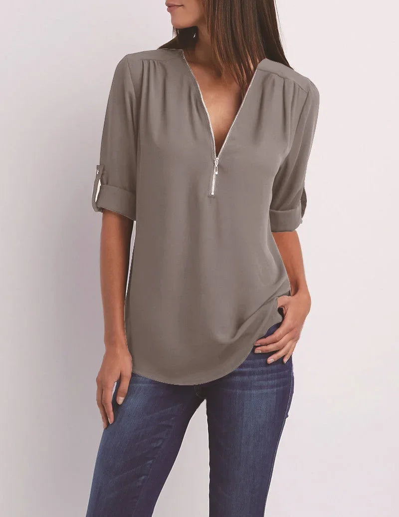 Fiore - Elegante Stretch Blouse met V-Hals en Ritssluiting