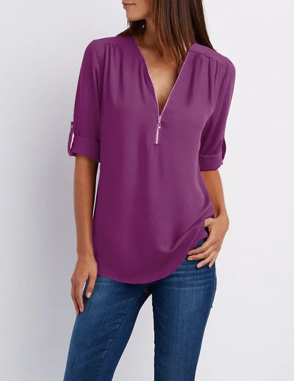 Fiore - Elegante Stretch Blouse met V-Hals en Ritssluiting