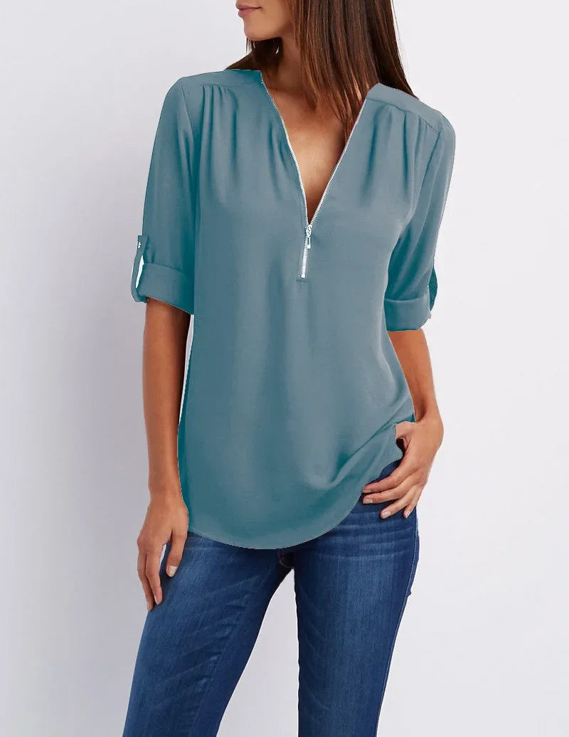 Fiore - Elegante Stretch Blouse met V-Hals en Ritssluiting