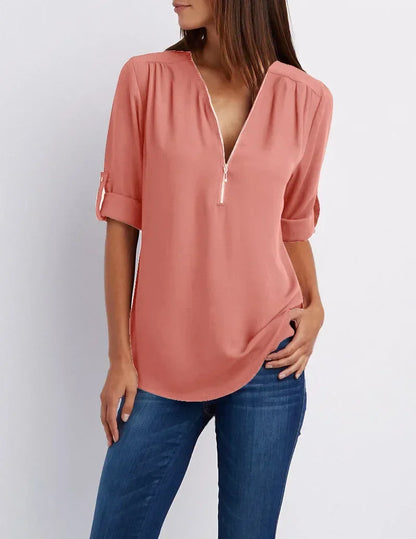 Fiore - Elegante Stretch Blouse met V-Hals en Ritssluiting