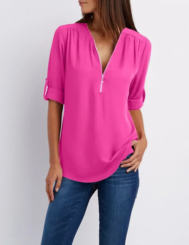 Fiore - Elegante Stretch Blouse met V-Hals en Ritssluiting