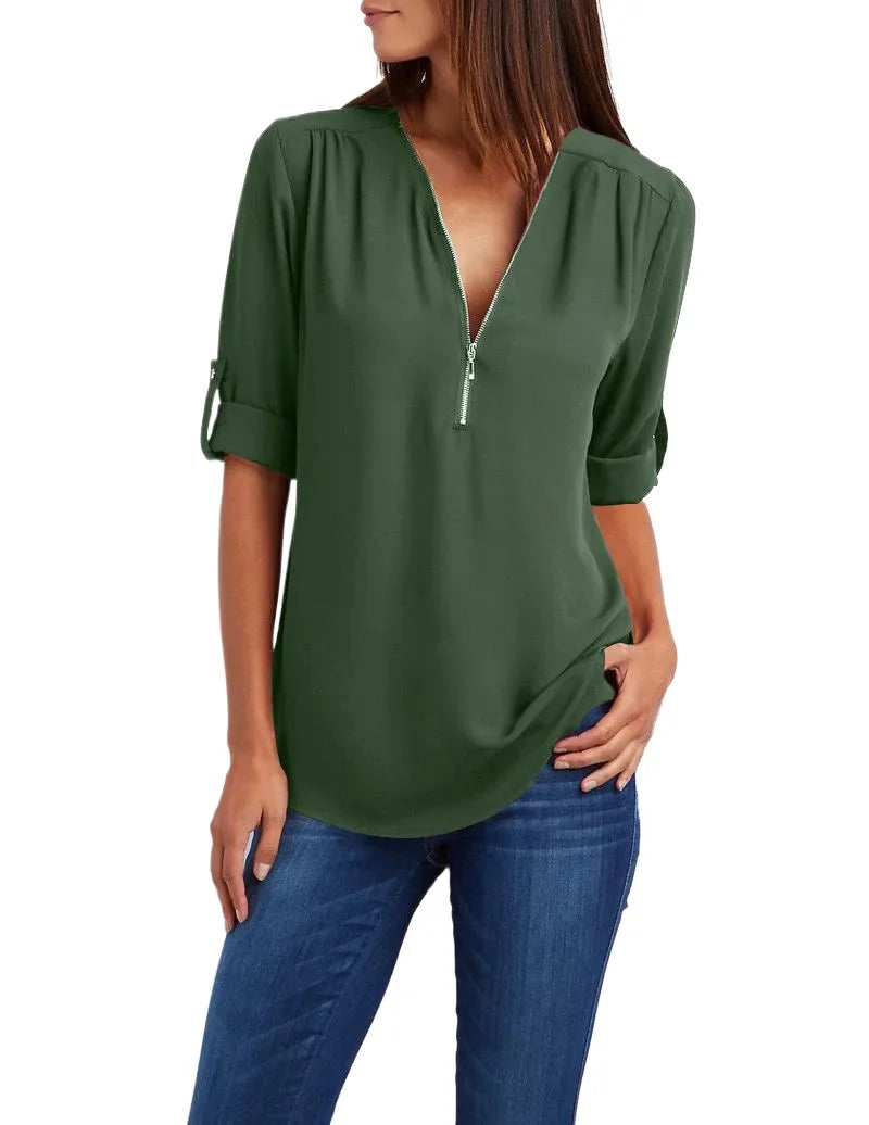 Fiore - Elegante Stretch Blouse met V-Hals en Ritssluiting