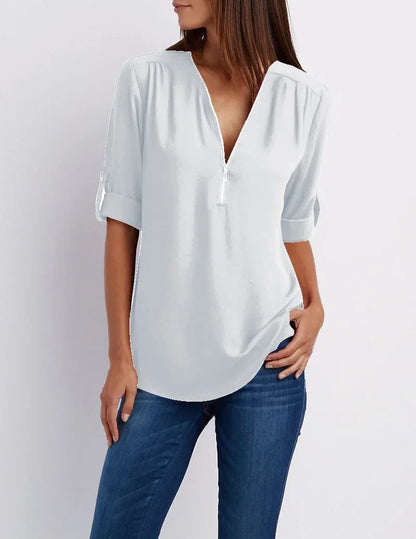 Fiore - Elegante Stretch Blouse met V-Hals en Ritssluiting