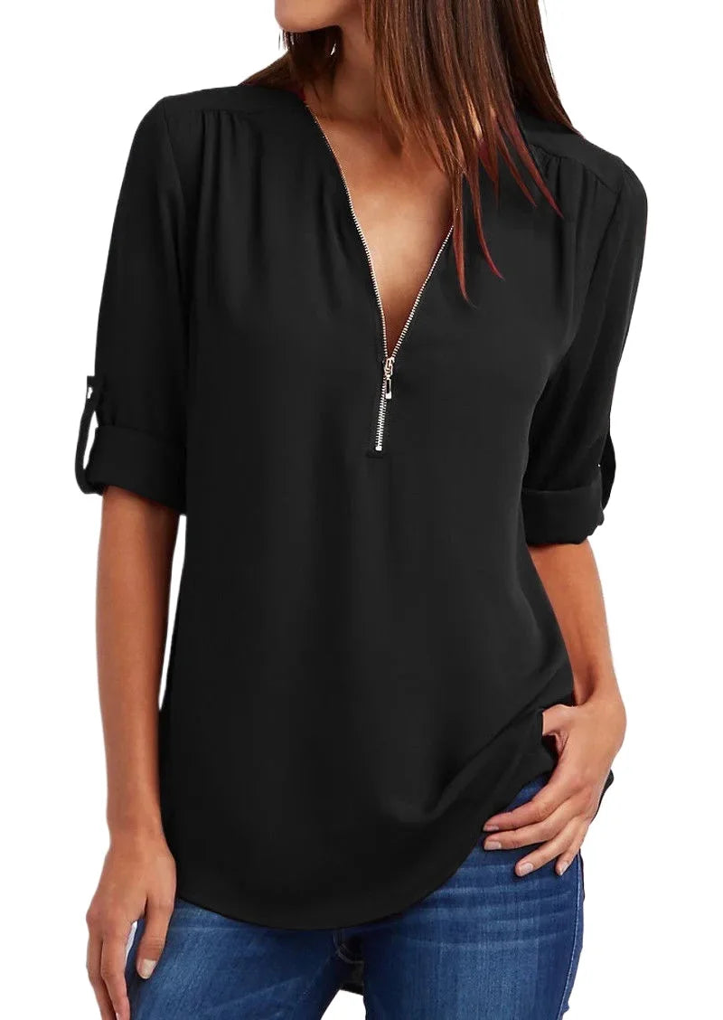 Fiore - Elegante Stretch Blouse met V-Hals en Ritssluiting